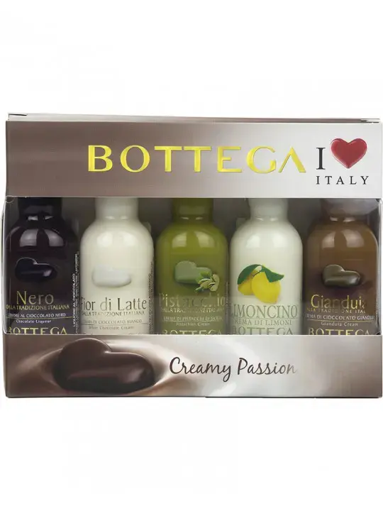 Ликер Bottega Pistacchio, Nero, Fior Di Latte, Limoncino Cream, Gianduia Fondente Cream, gift set of 5 bottles, 0.03 л