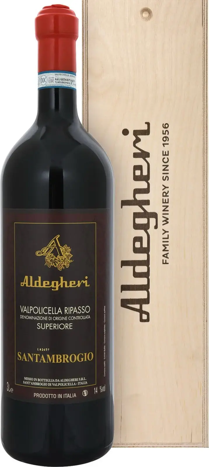 Вино Cantine Aldegheri Valpolicella Ripasso Santambrogio Classico Superiore DOC, 2018, wooden box, 3 л