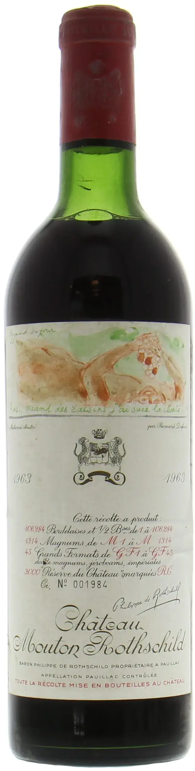 Вино Chateau Mouton Rothschild Pauillac AOC Premier Grand Cru Classe, 1963, 3 л