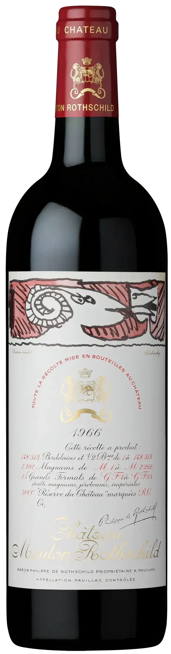 Вино Chateau Mouton Rothschild Pauillac AOC Premier Grand Cru Classe, 1966, 0.75 л