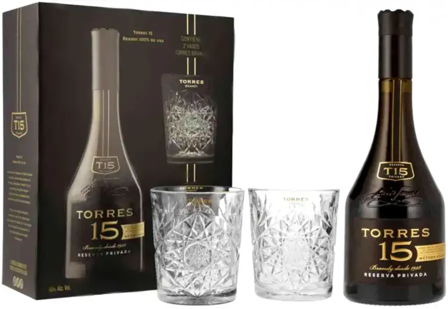 Бренди Torres 15 Reserva Privada, gift box with 2 glasses 0.7 л