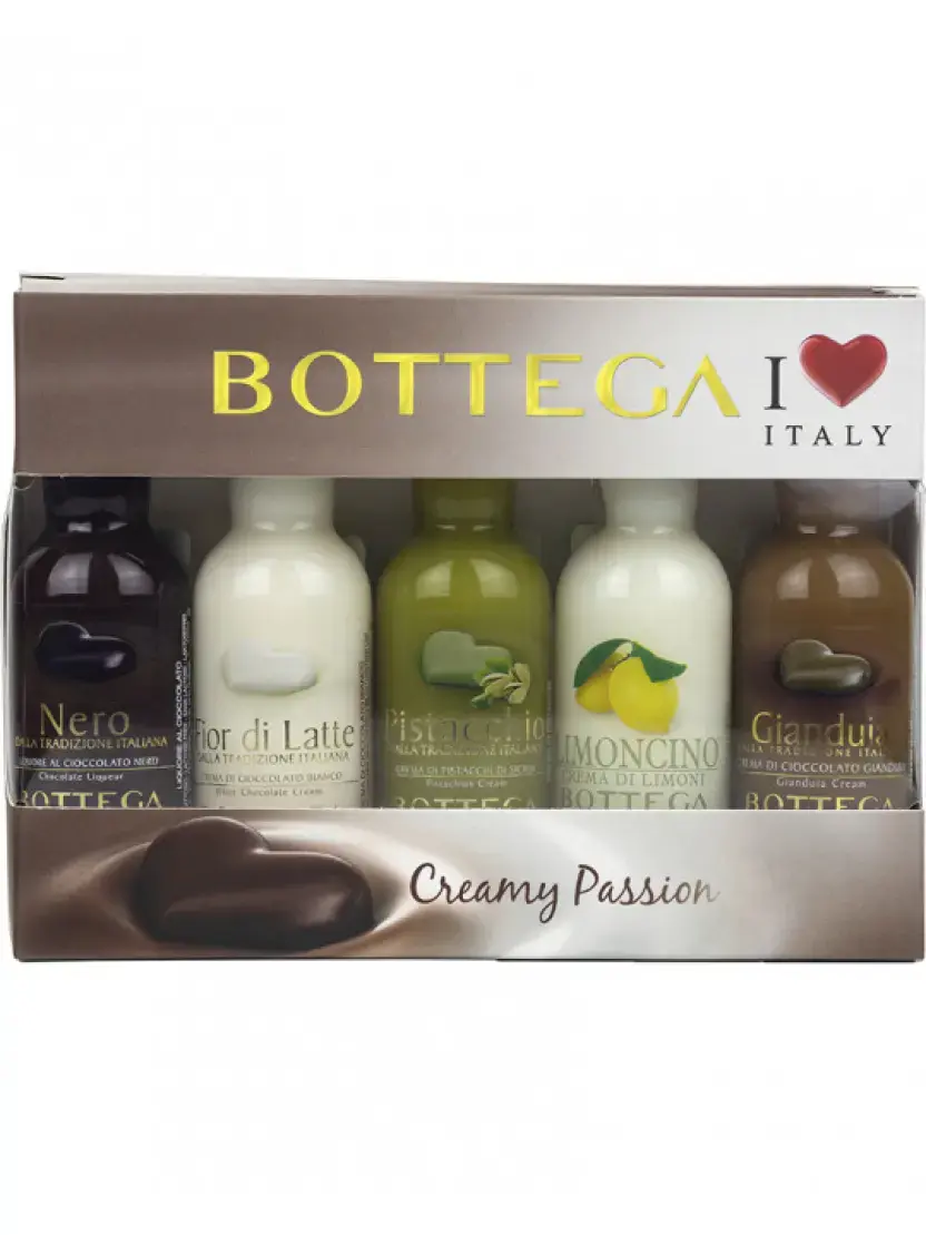 Ликер Bottega Pistacchio, Nero, Fior Di Latte, Limoncino Cream, Gianduia Fondente Cream, gift set of 5 bottles, 0.03 л