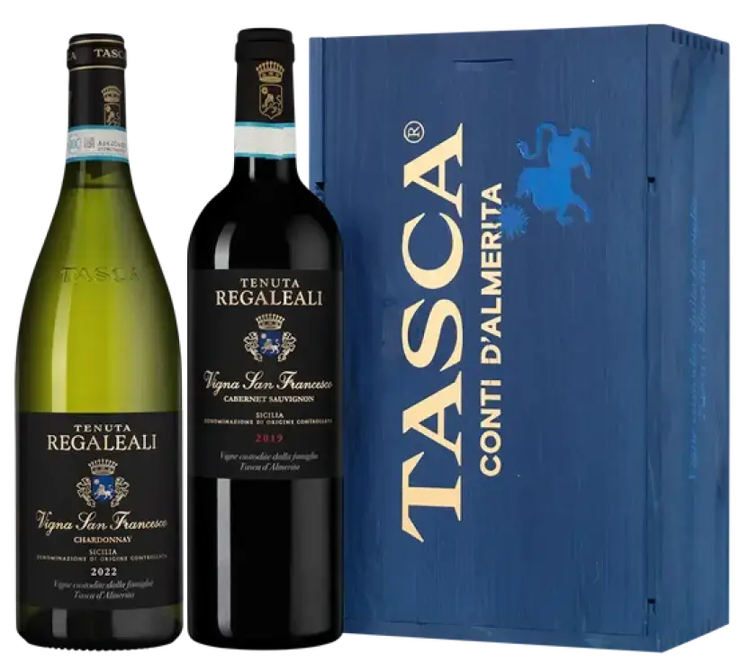 Вино Tenuta Regaleali Vigna San Francesco Tasca d'Almerita, wooden box with 2 bottles, 0.75 л