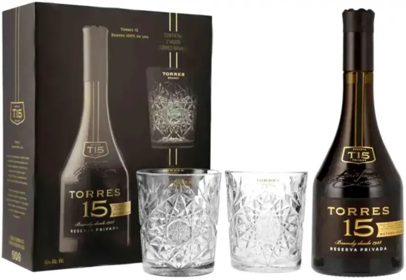 Бренди Torres 15 Reserva Privada, gift box with 2 glasses 0.7 л